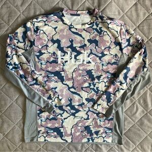 Huk Fishing Long Sleeve Shirt Men’s Large Blue Camo Outdoors Performance UPF